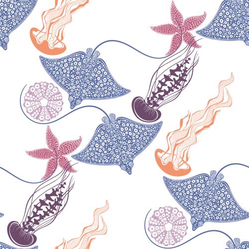 скаты, медузы, морские звезды, морские ежи, цветные силуэты на белом